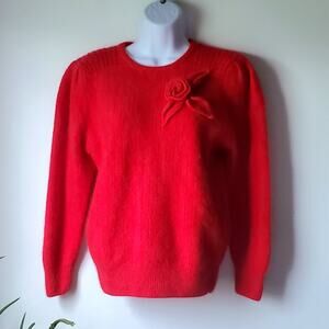 Vtg Sara Intrl. Red Long Sleeve Angora Blend Floral Sweater Womens Size S 80s